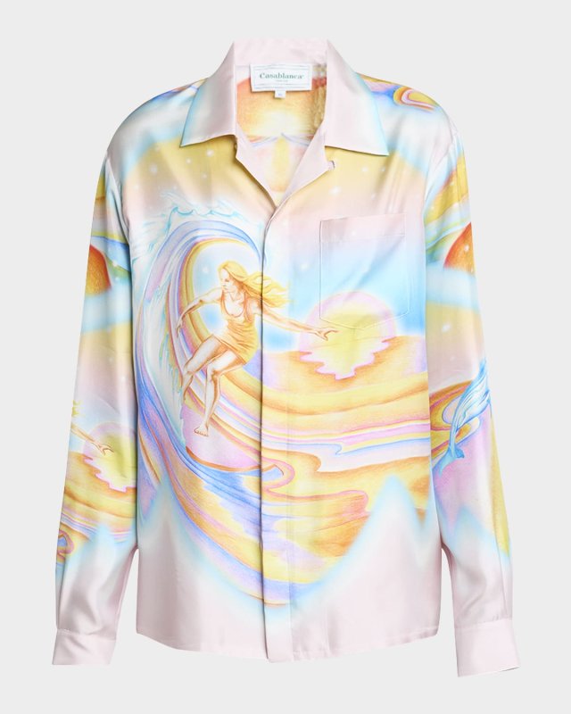 Surf Print Long-Sleeve Silk Blous